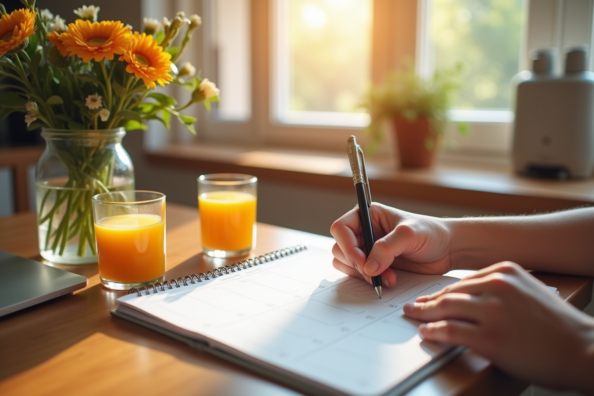 Main écrivant un plan journalier dans une ambiance paisible