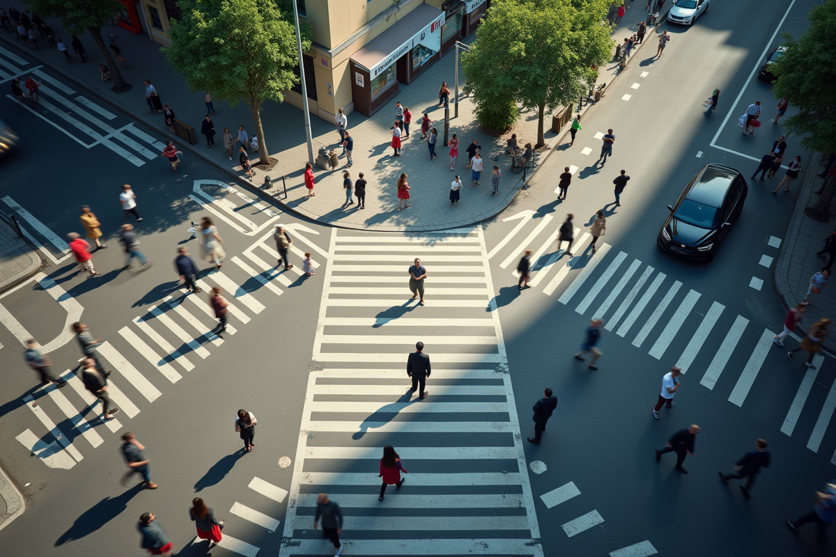 Passage pietons en ville avec foule et croisement animé