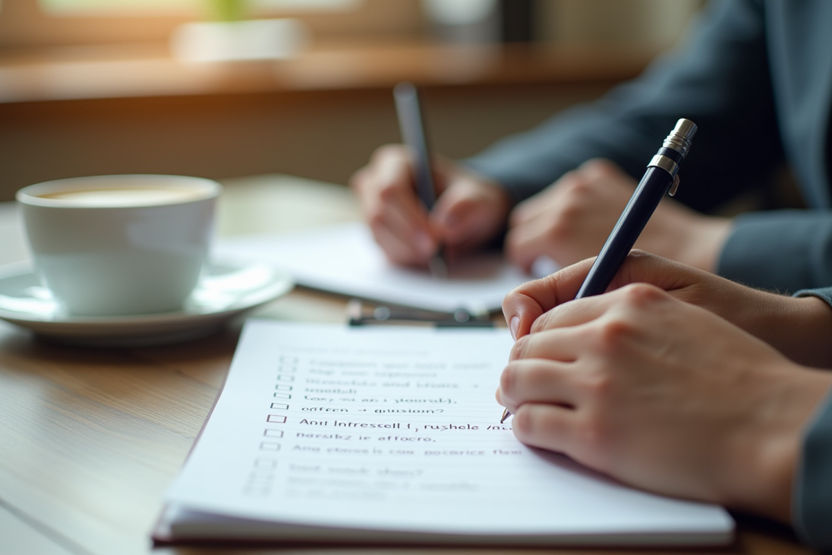 Mains prenant des notes avec une tasse de café lors d