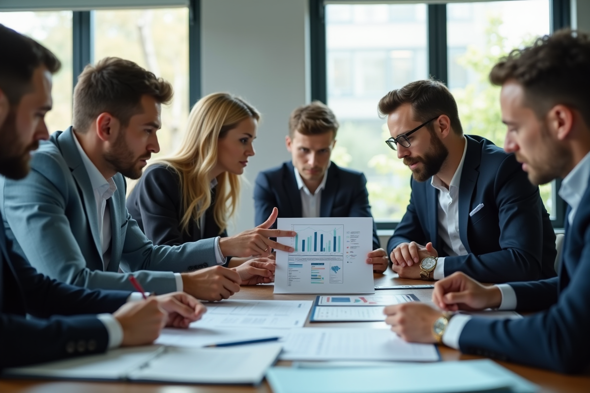 Groupe de professionnels discutant autour d un document avec graphiques