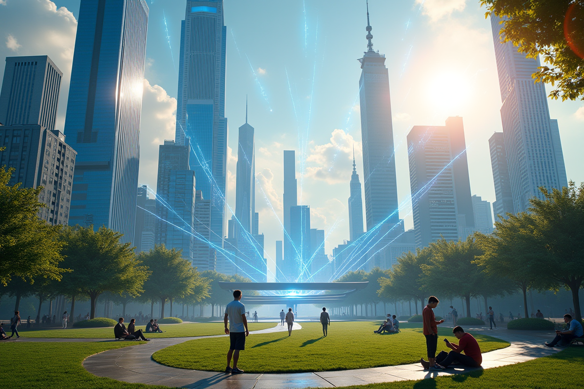 Ville futuriste avec communication quantique entre gratte-ciel et personnes